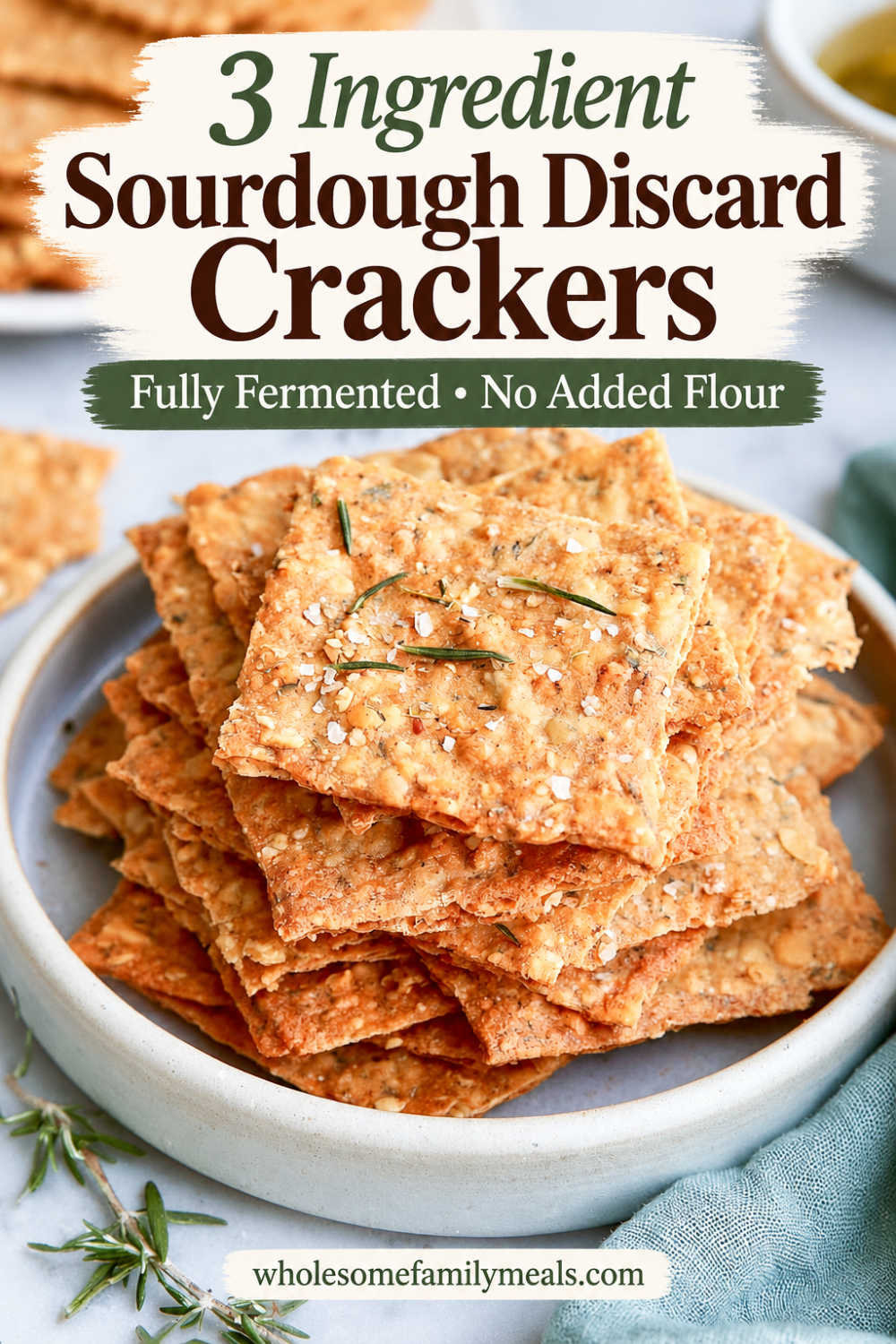 Pinterest graphic featuring 3 ingredient sourdough discard crackers, with a stack of golden-brown crackers on a ceramic plate and text highlighting fully fermented and no added flour.