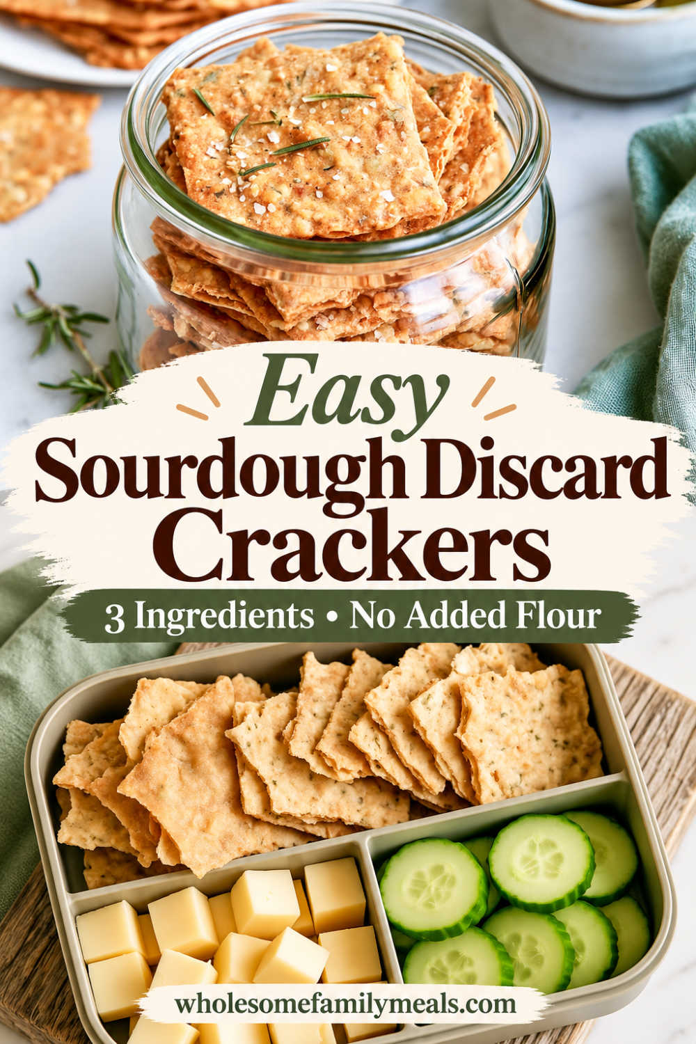 Pinterest graphic featuring easy sourdough discard crackers, with crackers stored in a glass jar and served in a snack box with cheese and cucumber, highlighting 3 ingredients and no added flour.