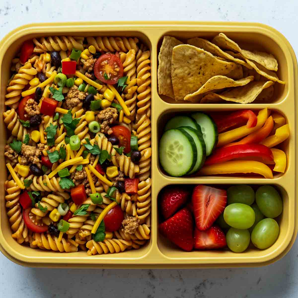 Yellow lunchbox filled with taco pasta salad with ground meat, black beans, corn, tomatoes, peppers, and cheese, served with tortilla chips, cucumber and bell pepper strips, strawberries, and grapes.