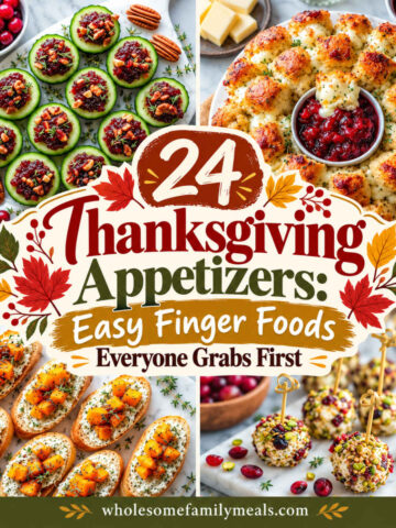 Thanksgiving appetizers collage featuring cranberry cucumber bites, cheesy pull-apart bread, butternut squash crostini, and festive cheese balls, with the text 