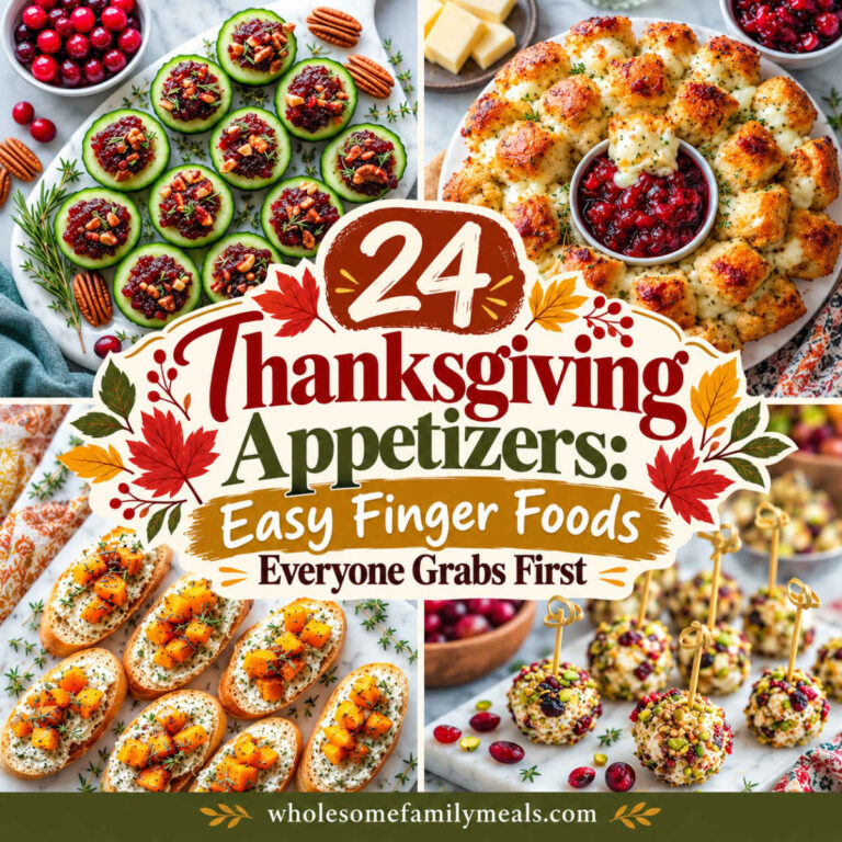 Thanksgiving appetizers collage featuring cranberry cucumber bites, cheesy pull-apart bread, butternut squash crostini, and festive cheese balls, with the text “24 Thanksgiving Appetizers: Easy Finger Foods Everyone Grabs First” on a cream background with autumn leaves.