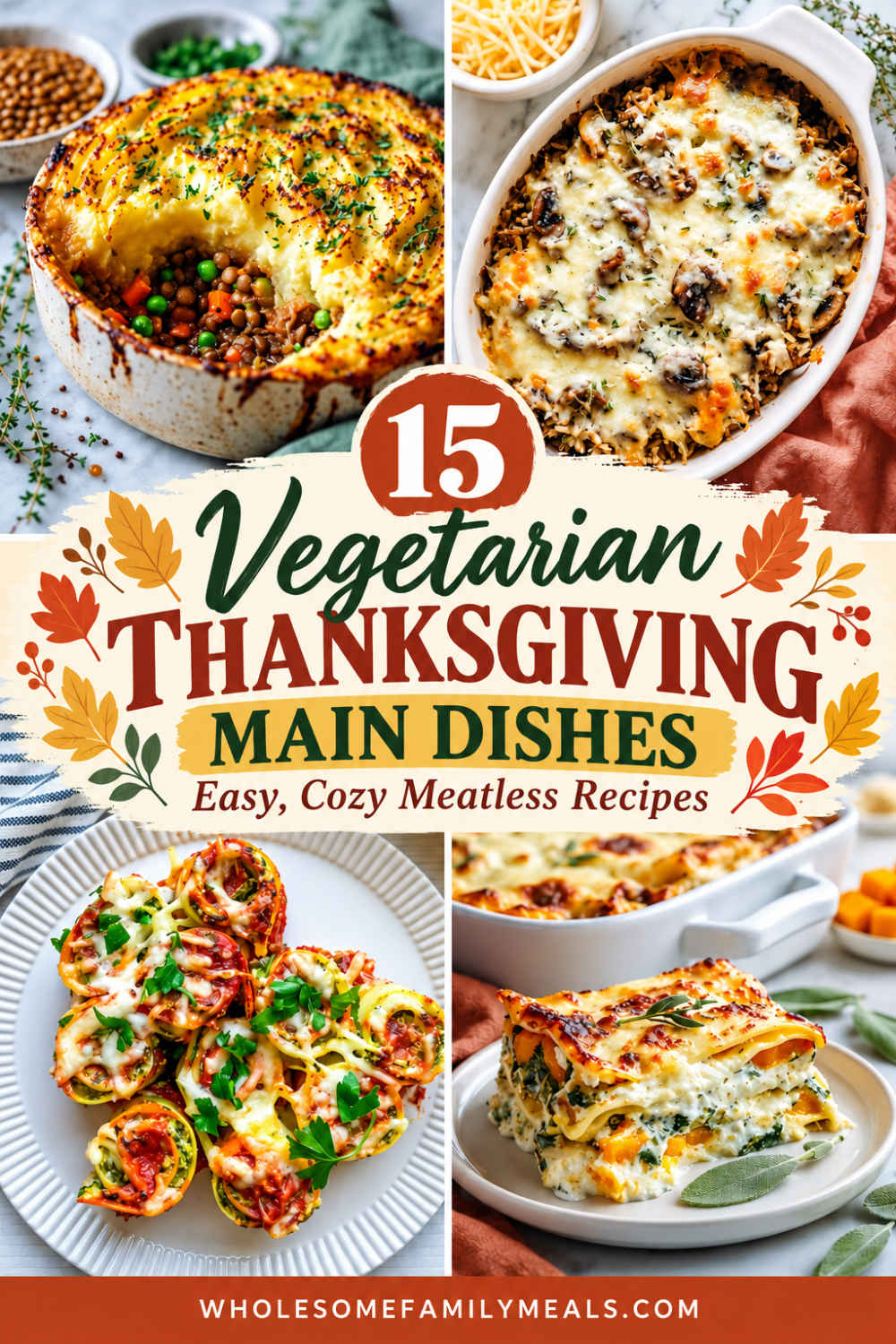 Vertical Thanksgiving recipe collage featuring vegetarian shepherd’s pie, mushroom rice casserole, vegetable pasta rolls, and squash lasagna under the headline “15 Vegetarian Thanksgiving Main Dishes.”