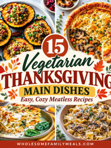 Square collage of vegetarian Thanksgiving main dishes, featuring stuffed acorn squash, golden mushroom pot pie, creamy vegetable lasagna, and mushroom pasta, with fall foliage decorations and the headline