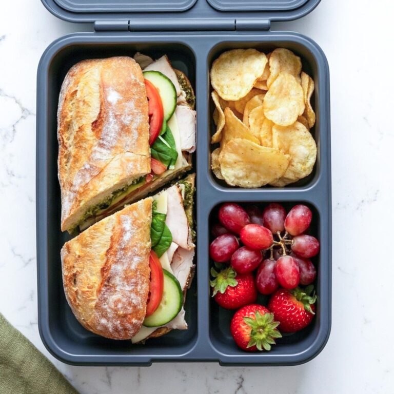 Turkey pesto baguette placed in a lunchbox along with fruits.