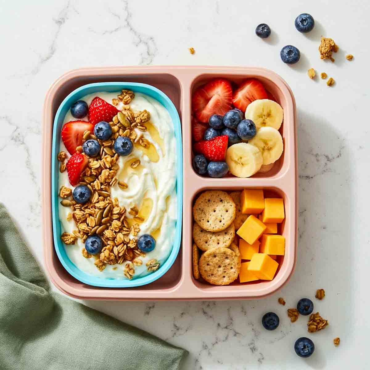 Vanilla yogurt and granola lunchbox with strawberries, blueberries, banana slices, crackers, and cheese cubes.